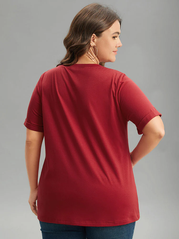 Christmas Print Round Neck Roll Sleeve T-shirt - Image 6