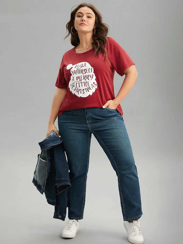 Christmas Print Round Neck Roll Sleeve T-shirt - Image 7