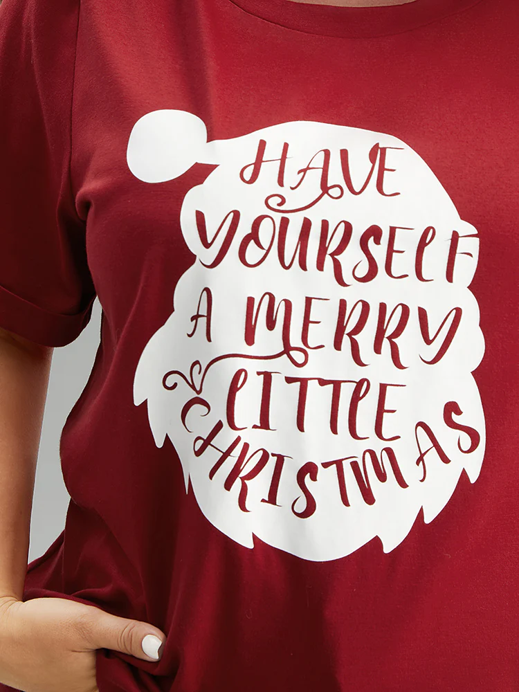 Christmas Print Round Neck Roll Sleeve T-shirt - Image 8