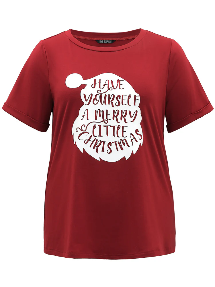 Christmas Print Round Neck Roll Sleeve T-shirt - Image 9