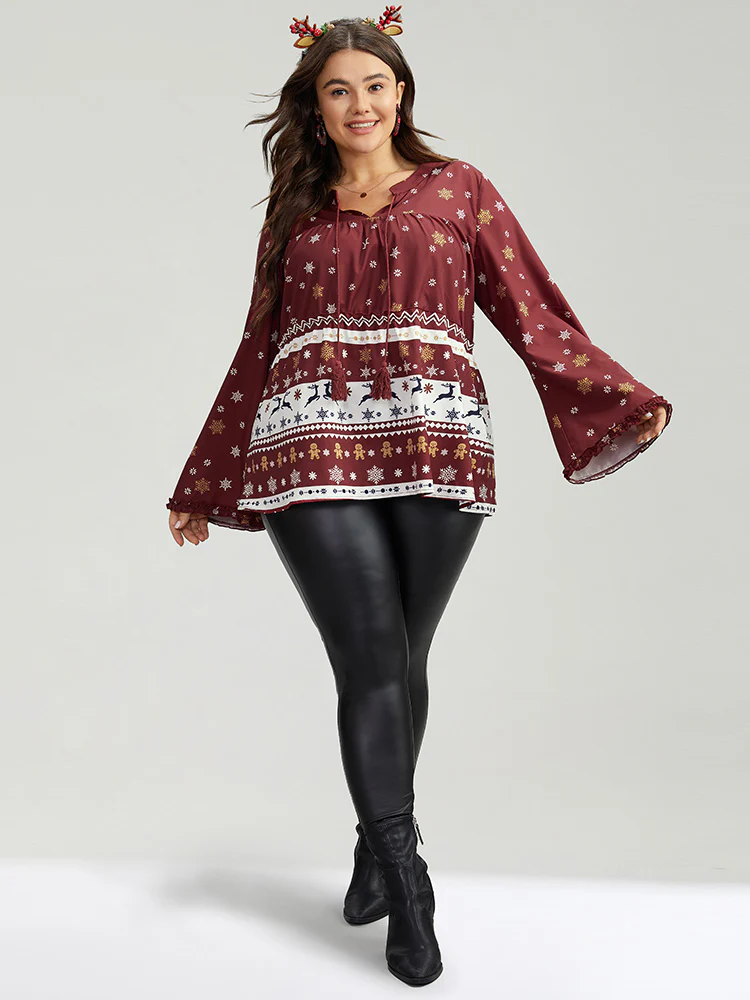 Christmas Print Tassels Ties Blouse - Image 2