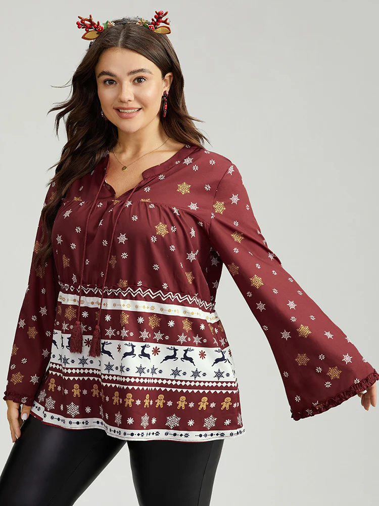 Christmas Print Tassels Ties Blouse - Image 3