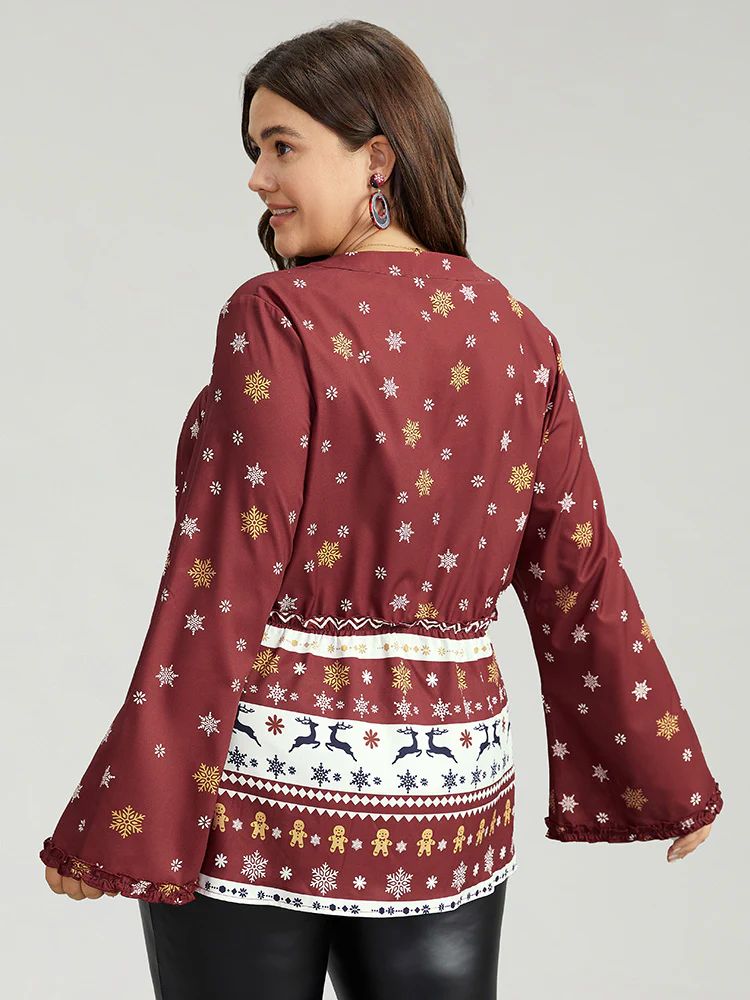 Christmas Print Tassels Ties Blouse - Image 4
