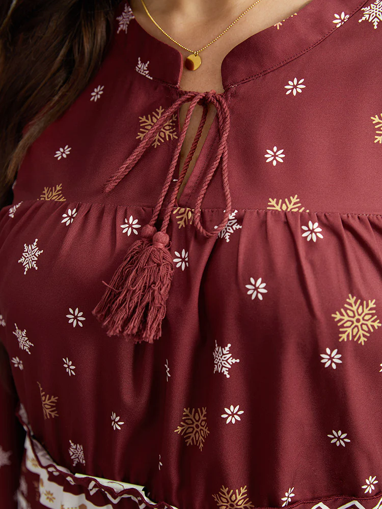 Christmas Print Tassels Ties Blouse - Image 5