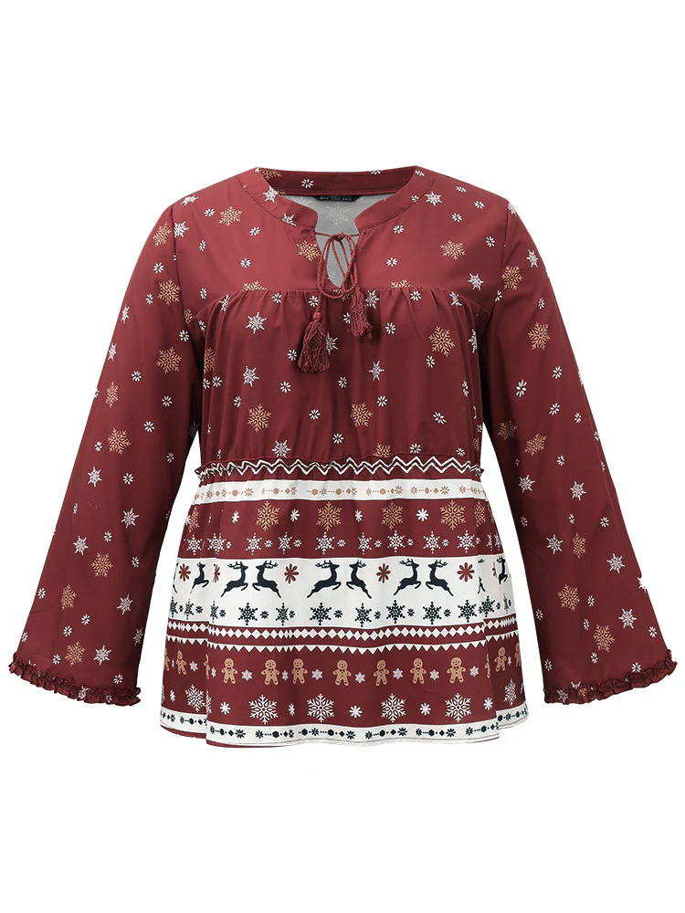 Christmas Print Tassels Ties Blouse - Image 7