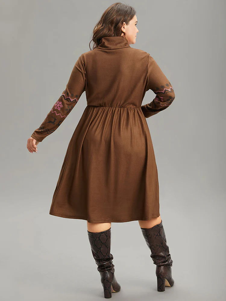 Christmas Print Turtleneck Elastic Waist Gathered Dress - Image 2