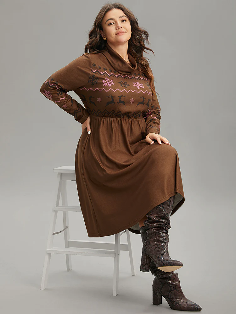 Christmas Print Turtleneck Elastic Waist Gathered Dress - Image 3