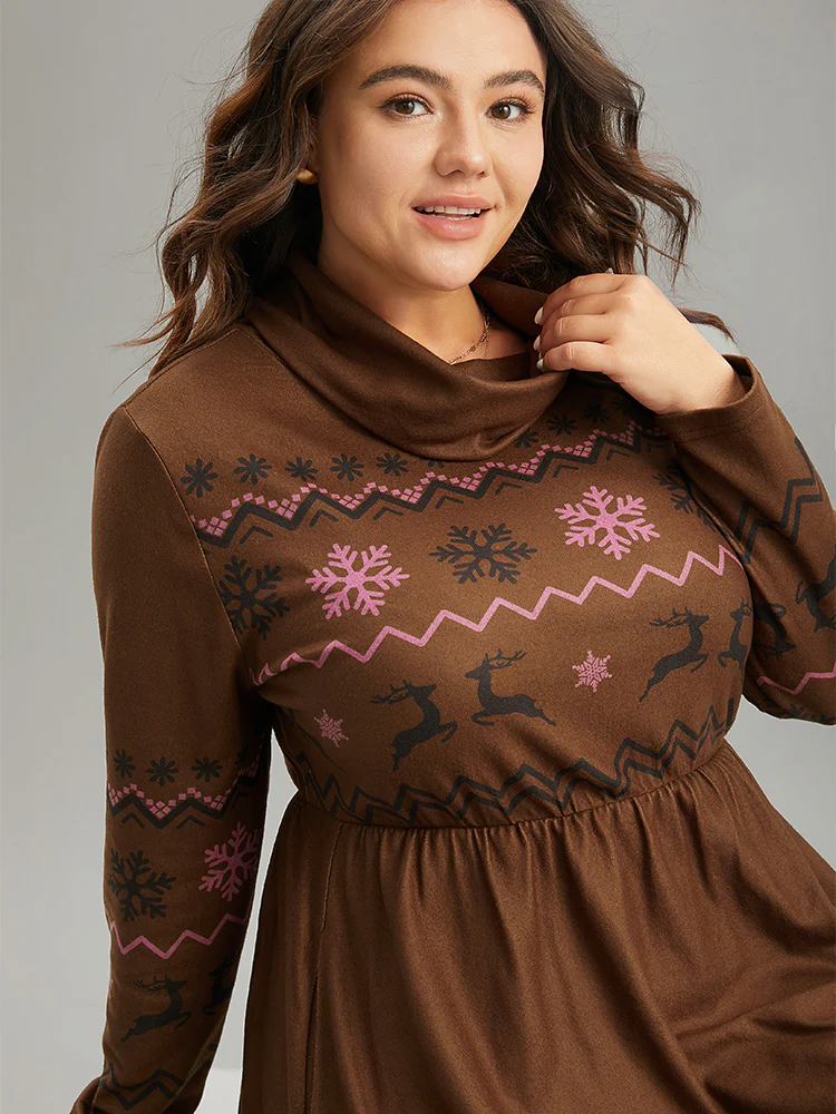 Christmas Print Turtleneck Elastic Waist Gathered Dress - Image 4