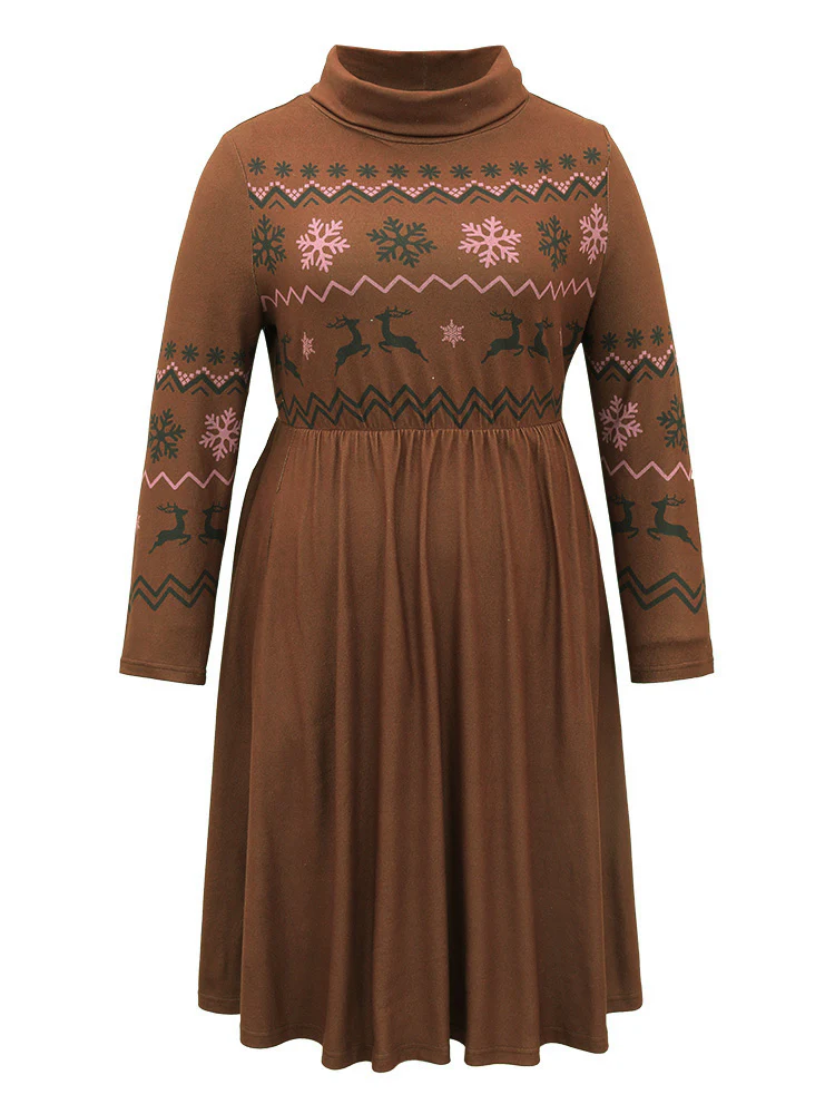 Christmas Print Turtleneck Elastic Waist Gathered Dress - Image 5