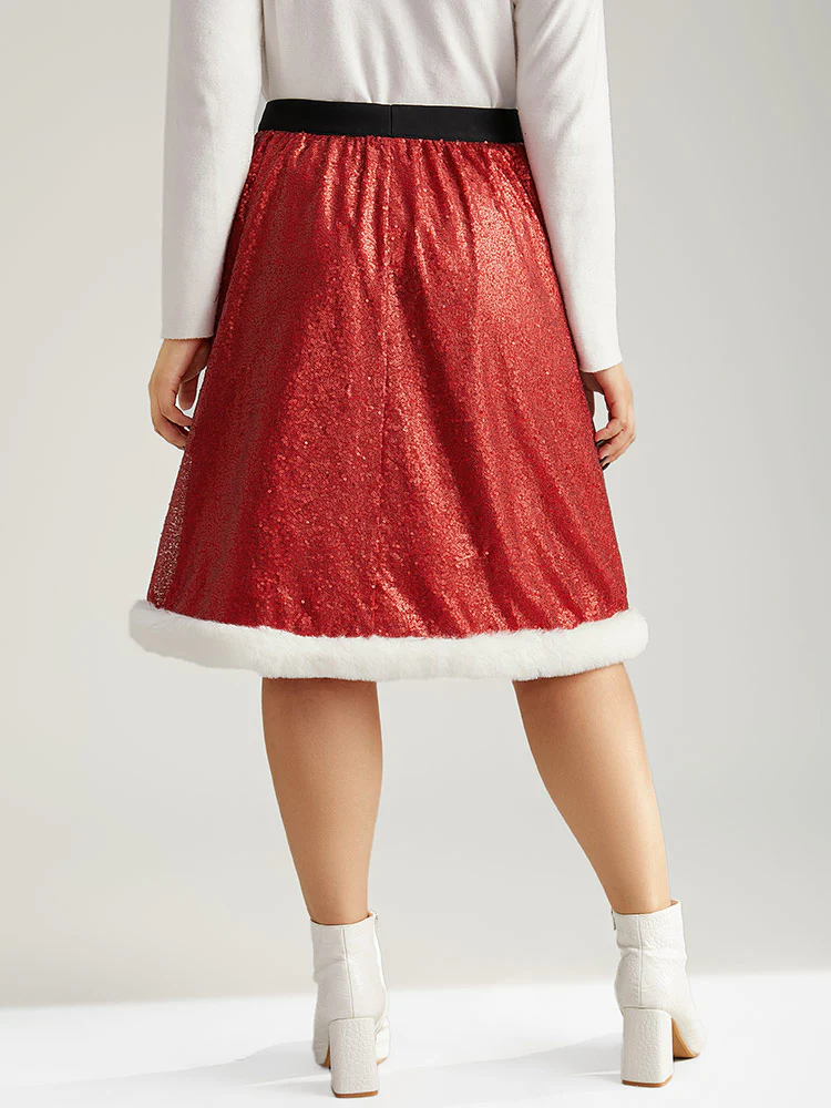 Christmas Sequin Patchwork Fuzzy Trim Skirt - Image 2