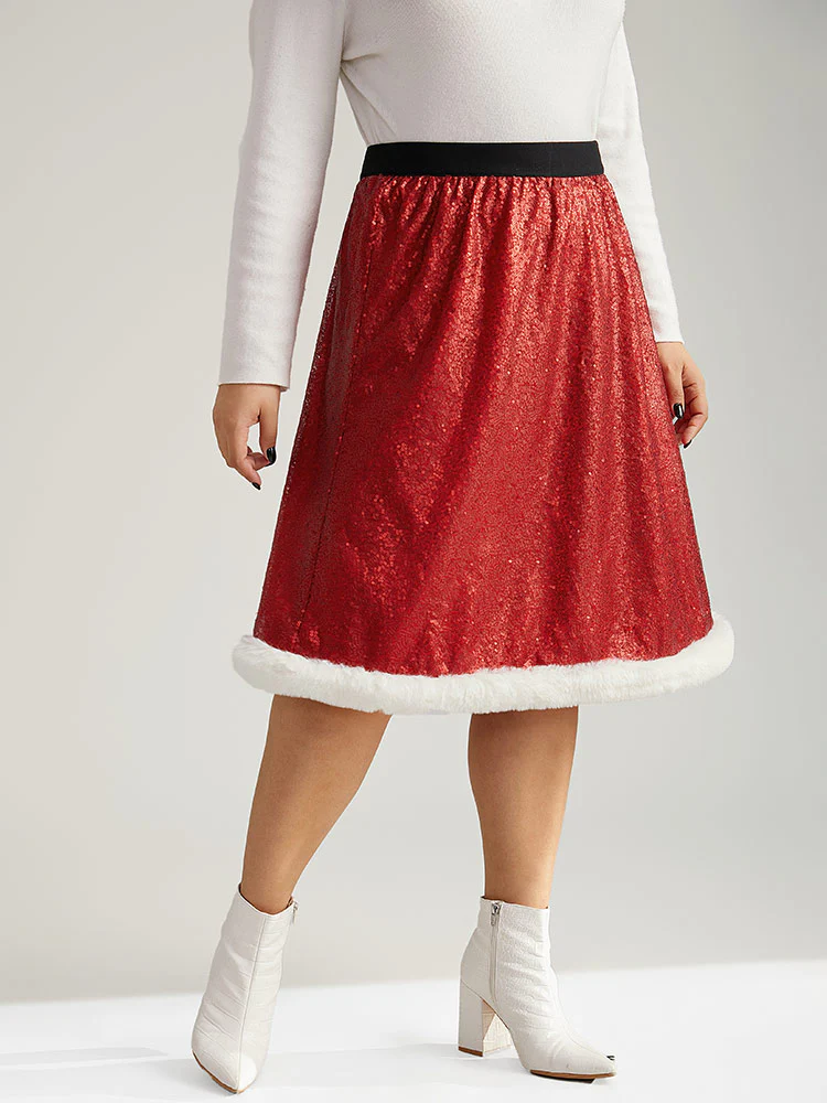 Christmas Sequin Patchwork Fuzzy Trim Skirt - Image 3