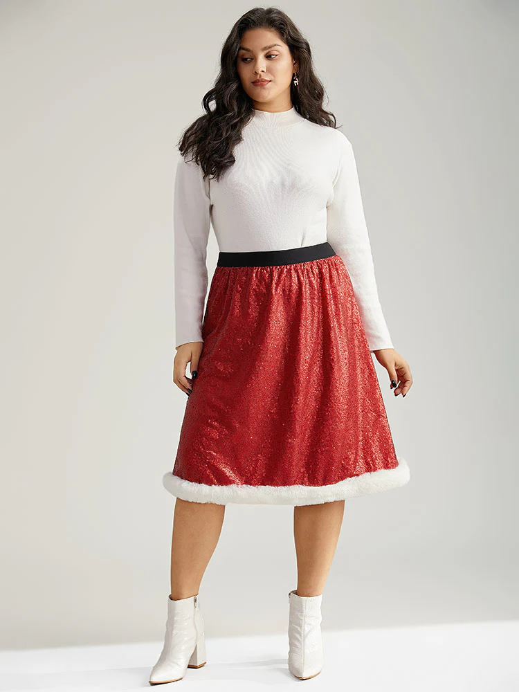 Christmas Sequin Patchwork Fuzzy Trim Skirt - Image 4