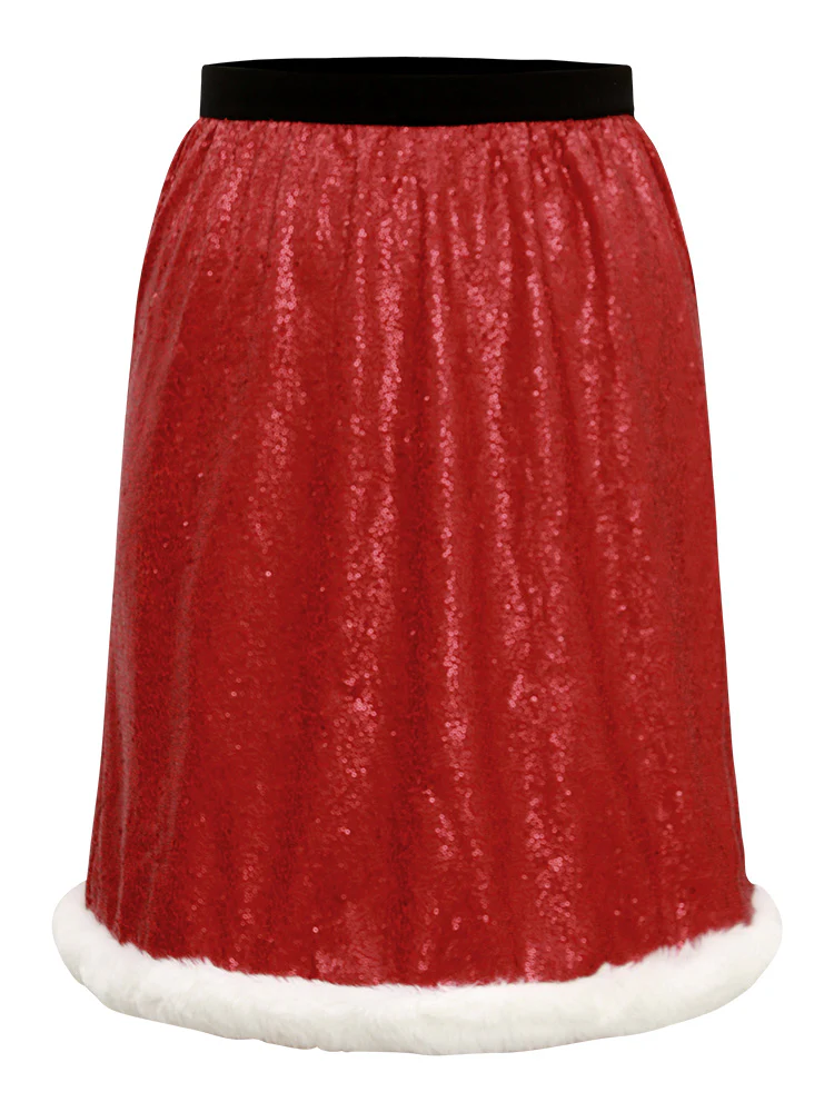 Christmas Sequin Patchwork Fuzzy Trim Skirt - Image 6
