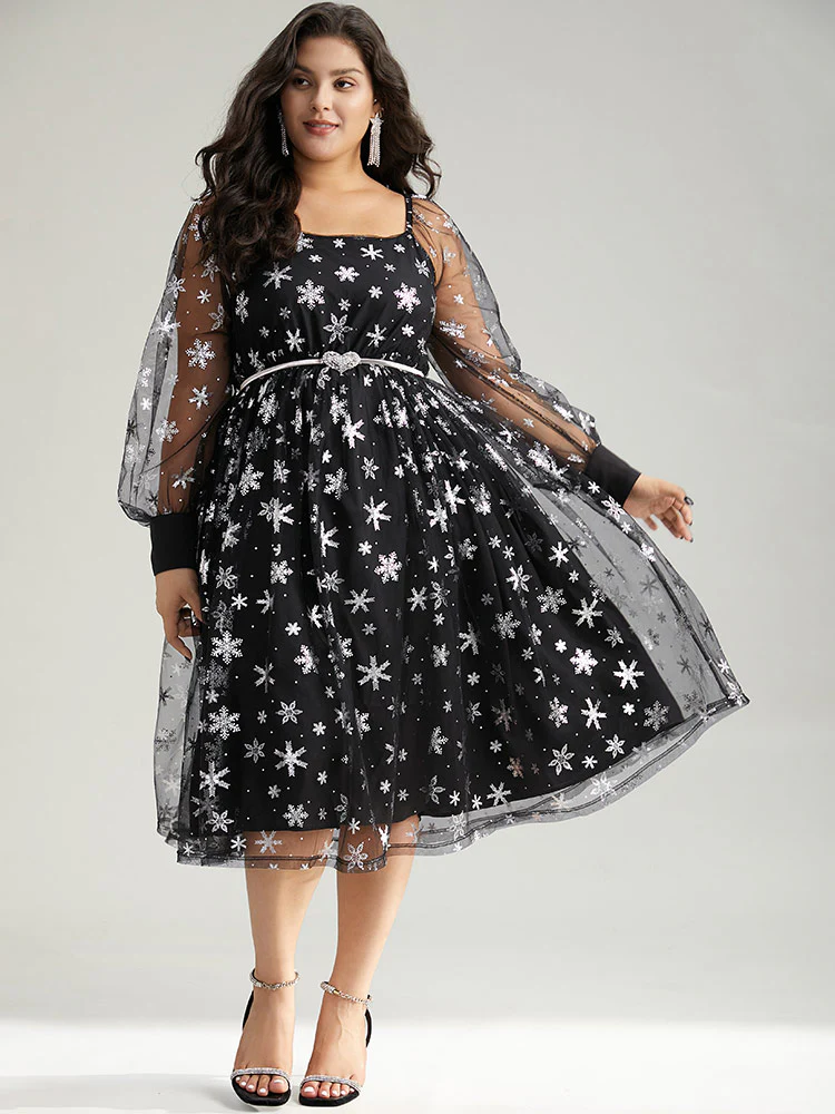 Christmas Snowflake Glitter Mesh Square Neck Dress - Image 2