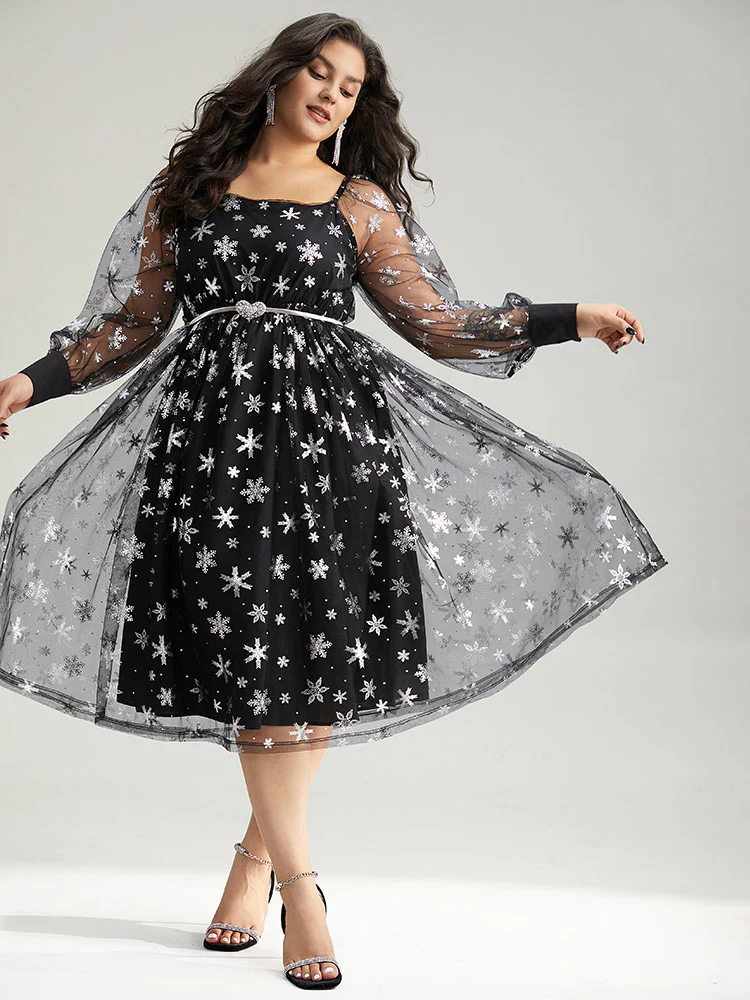 Christmas Snowflake Glitter Mesh Square Neck Dress - Image 3