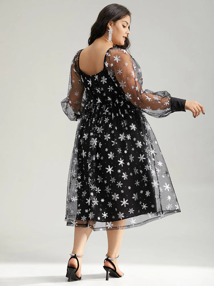 Christmas Snowflake Glitter Mesh Square Neck Dress - Image 4