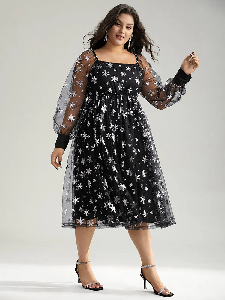 Christmas Snowflake Glitter Mesh Square Neck Dress - Image 5