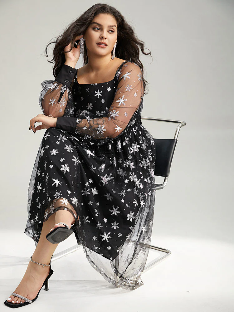 Christmas Snowflake Glitter Mesh Square Neck Dress - Image 6