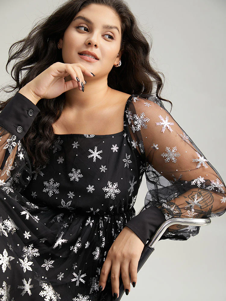 Christmas Snowflake Glitter Mesh Square Neck Dress - Image 7