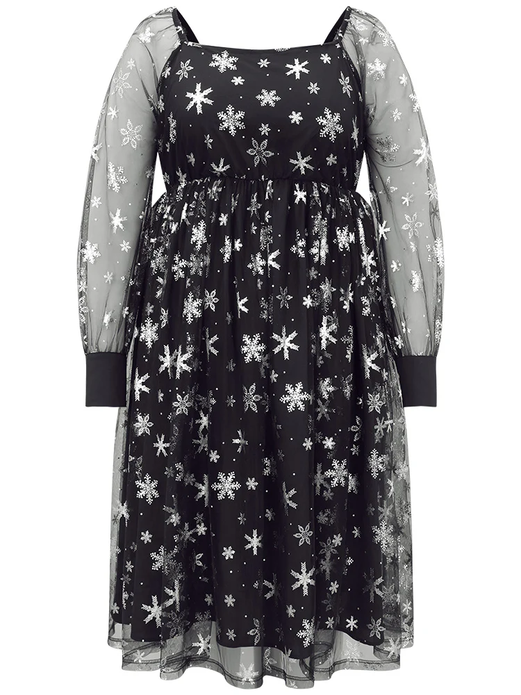 Christmas Snowflake Glitter Mesh Square Neck Dress - Image 8