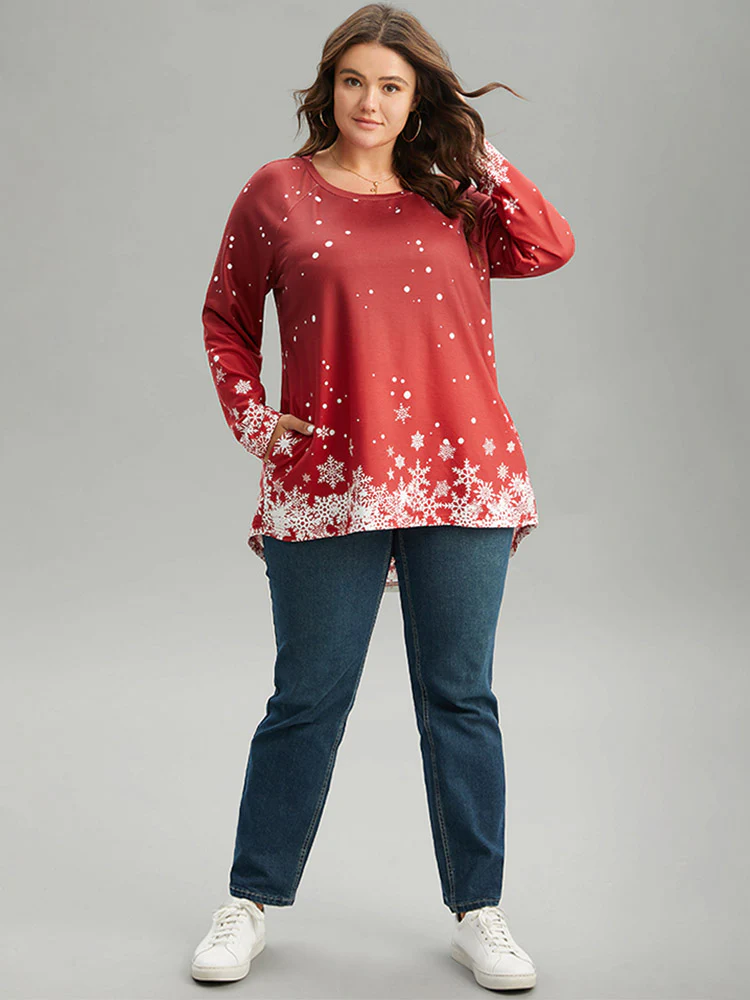Christmas Snowflake Raglan Sleeve High Low Hem T-shirt - Image 4