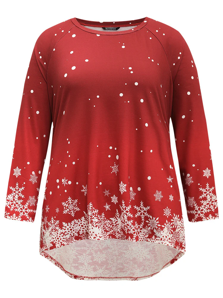 Christmas Snowflake Raglan Sleeve High Low Hem T-shirt - Image 6