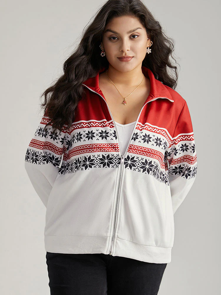 Christmas Snowflake Zipper Contrast Jacket - Image 2