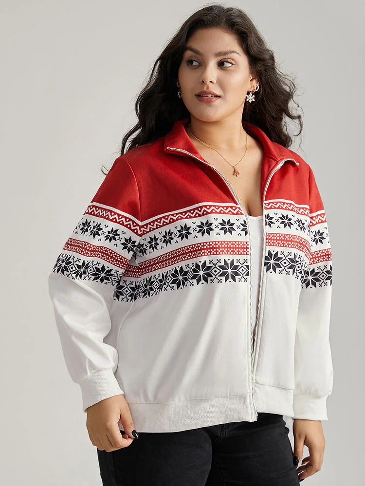 Christmas Snowflake Zipper Contrast Jacket - Image 4