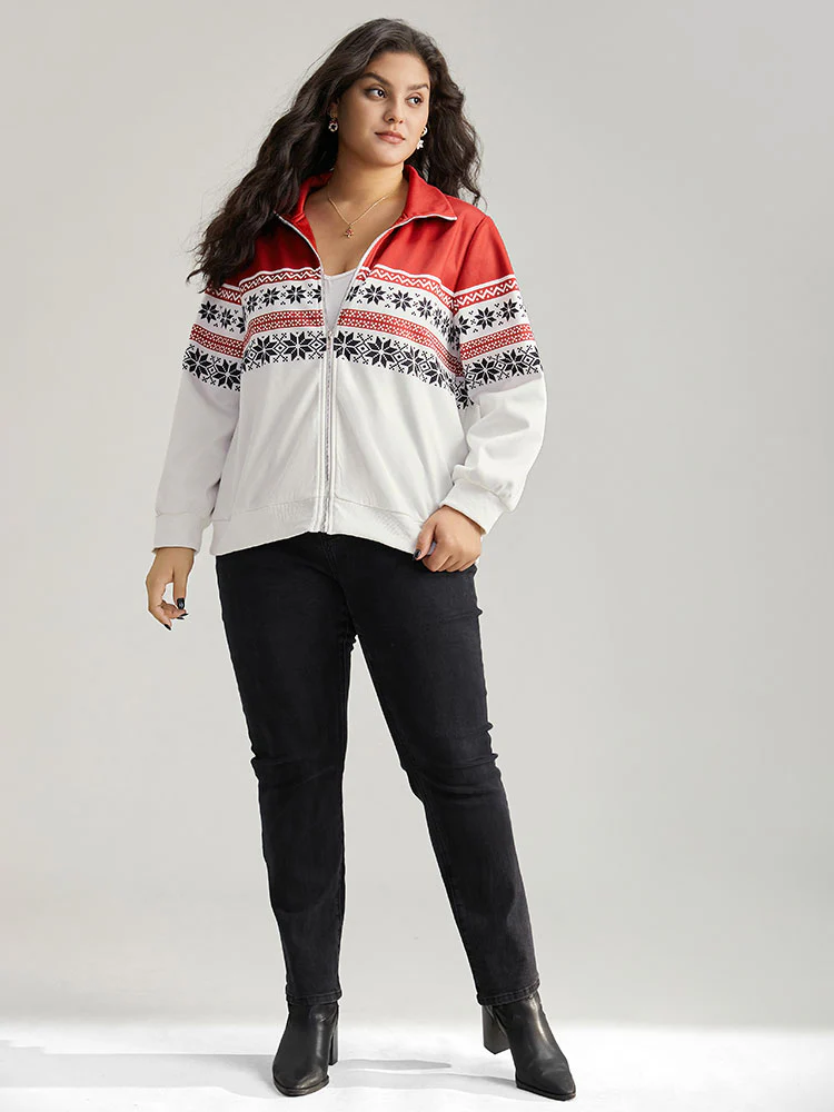 Christmas Snowflake Zipper Contrast Jacket - Image 5