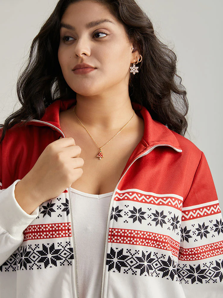 Christmas Snowflake Zipper Contrast Jacket - Image 6