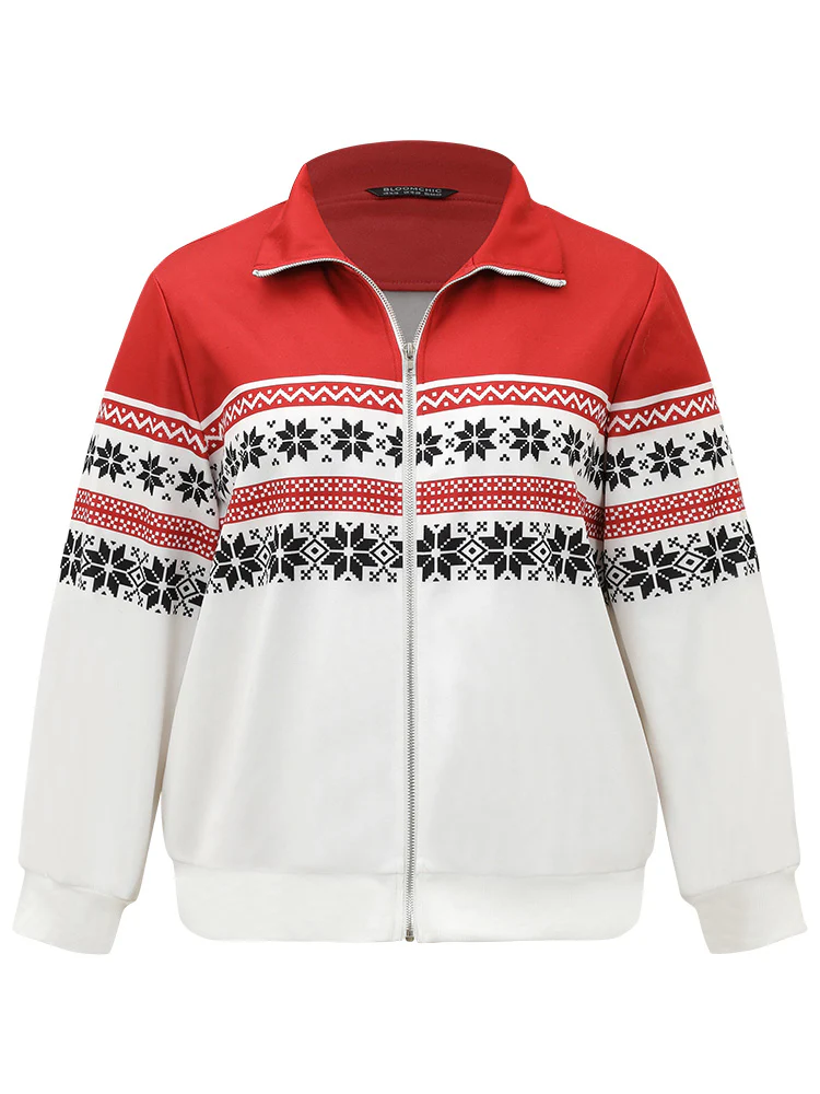 Christmas Snowflake Zipper Contrast Jacket - Image 7