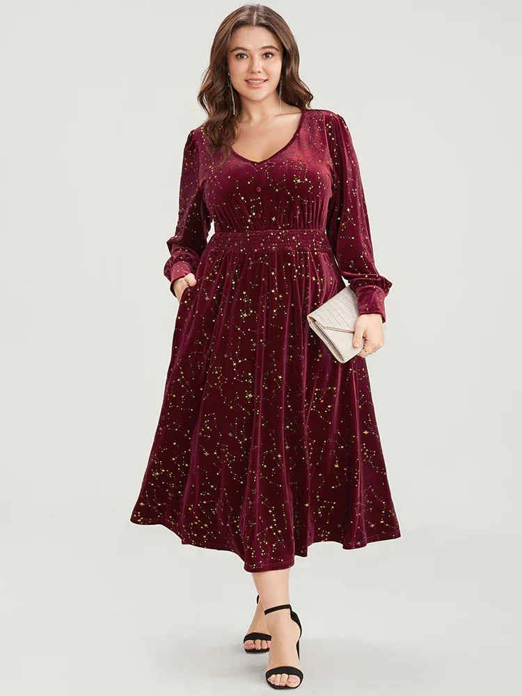 Star Print Pocket Shirred Velvet Midi Dress - Image 2