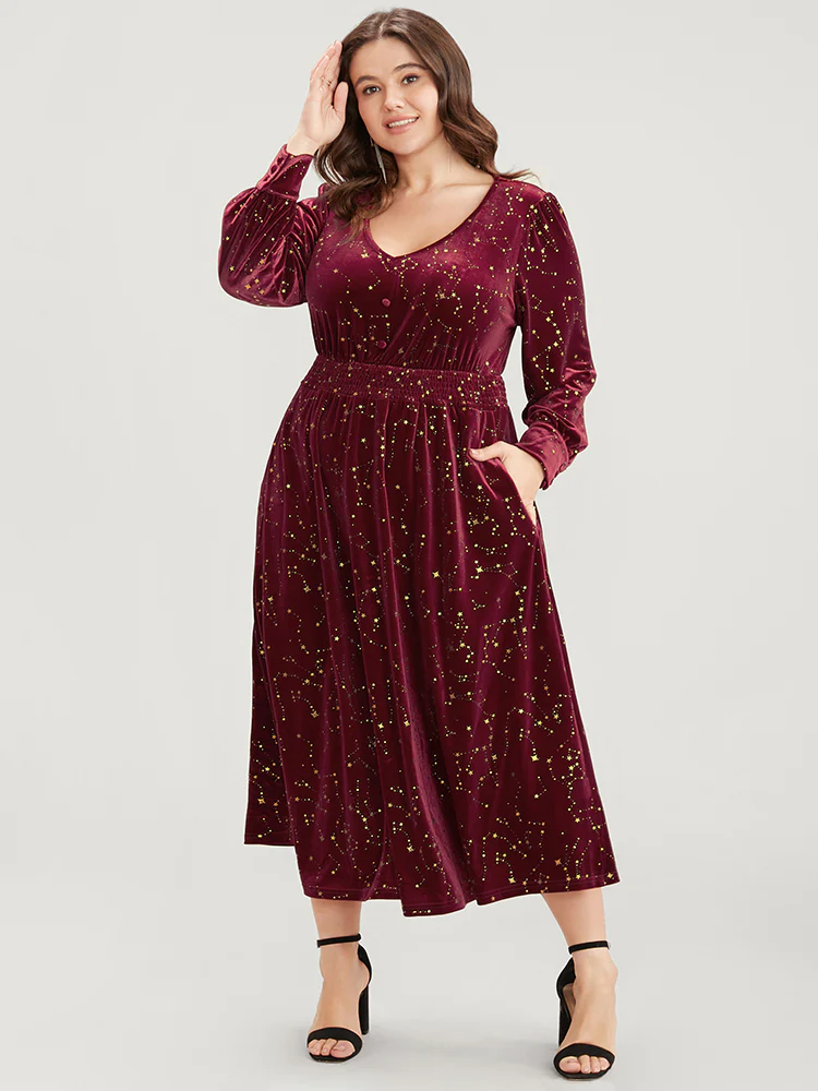 Star Print Pocket Shirred Velvet Midi Dress - Image 3