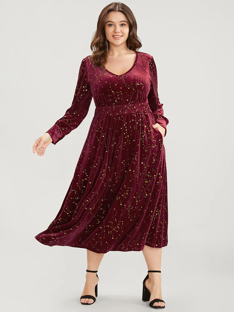 Star Print Pocket Shirred Velvet Midi Dress - Image 4