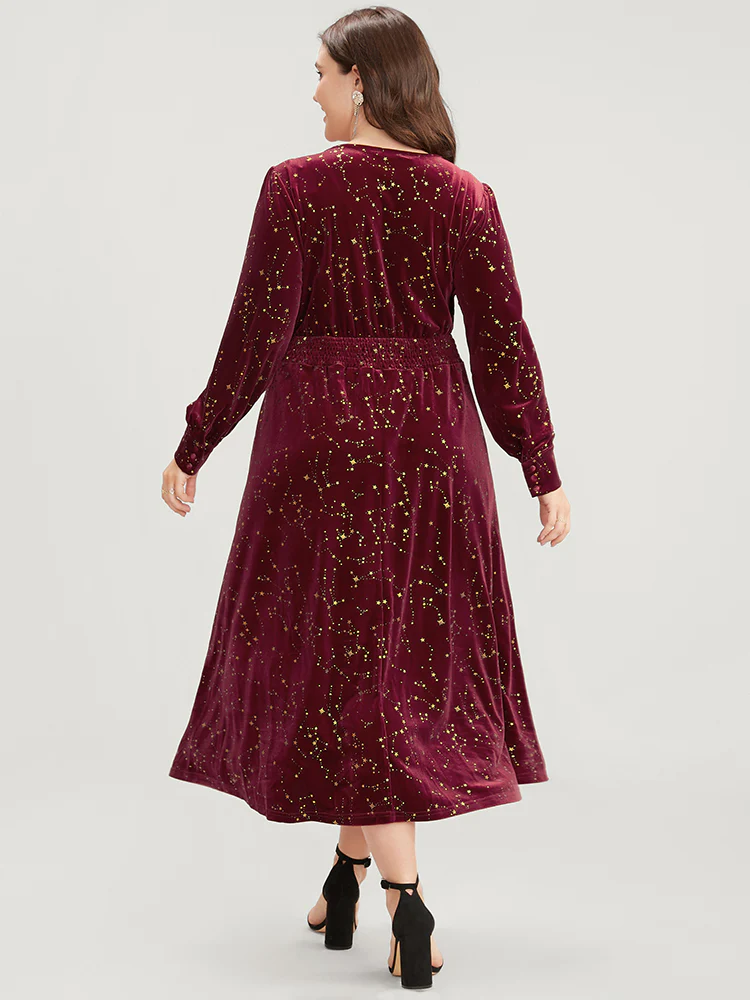 Star Print Pocket Shirred Velvet Midi Dress - Image 5
