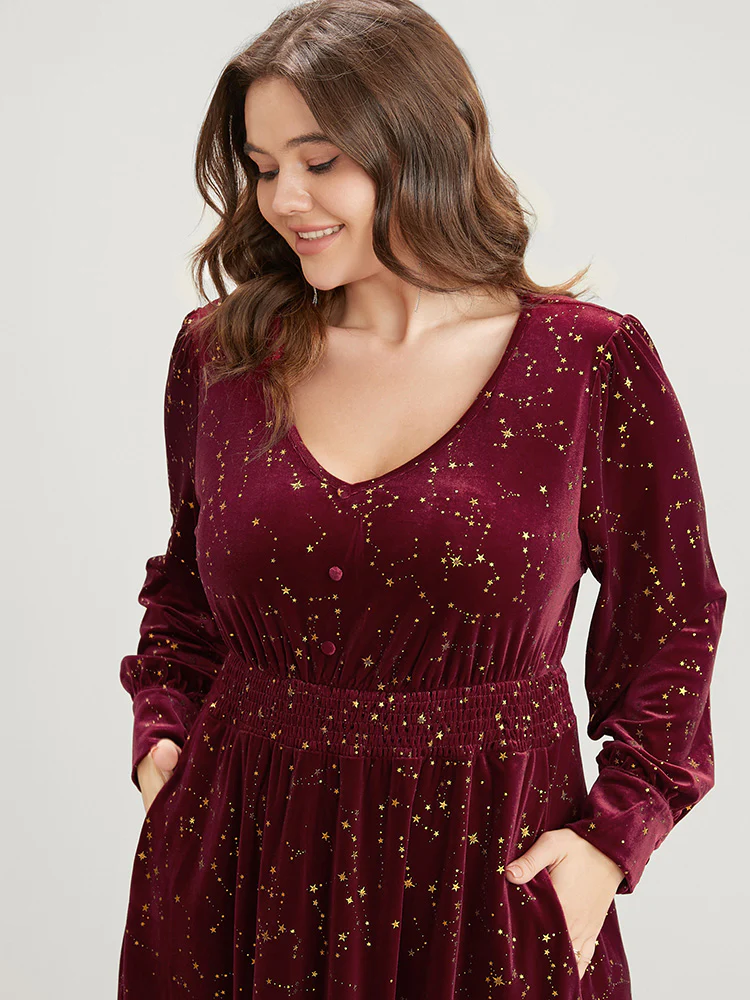 Star Print Pocket Shirred Velvet Midi Dress - Image 6