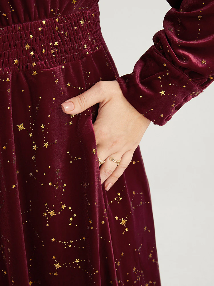 Star Print Pocket Shirred Velvet Midi Dress - Image 8
