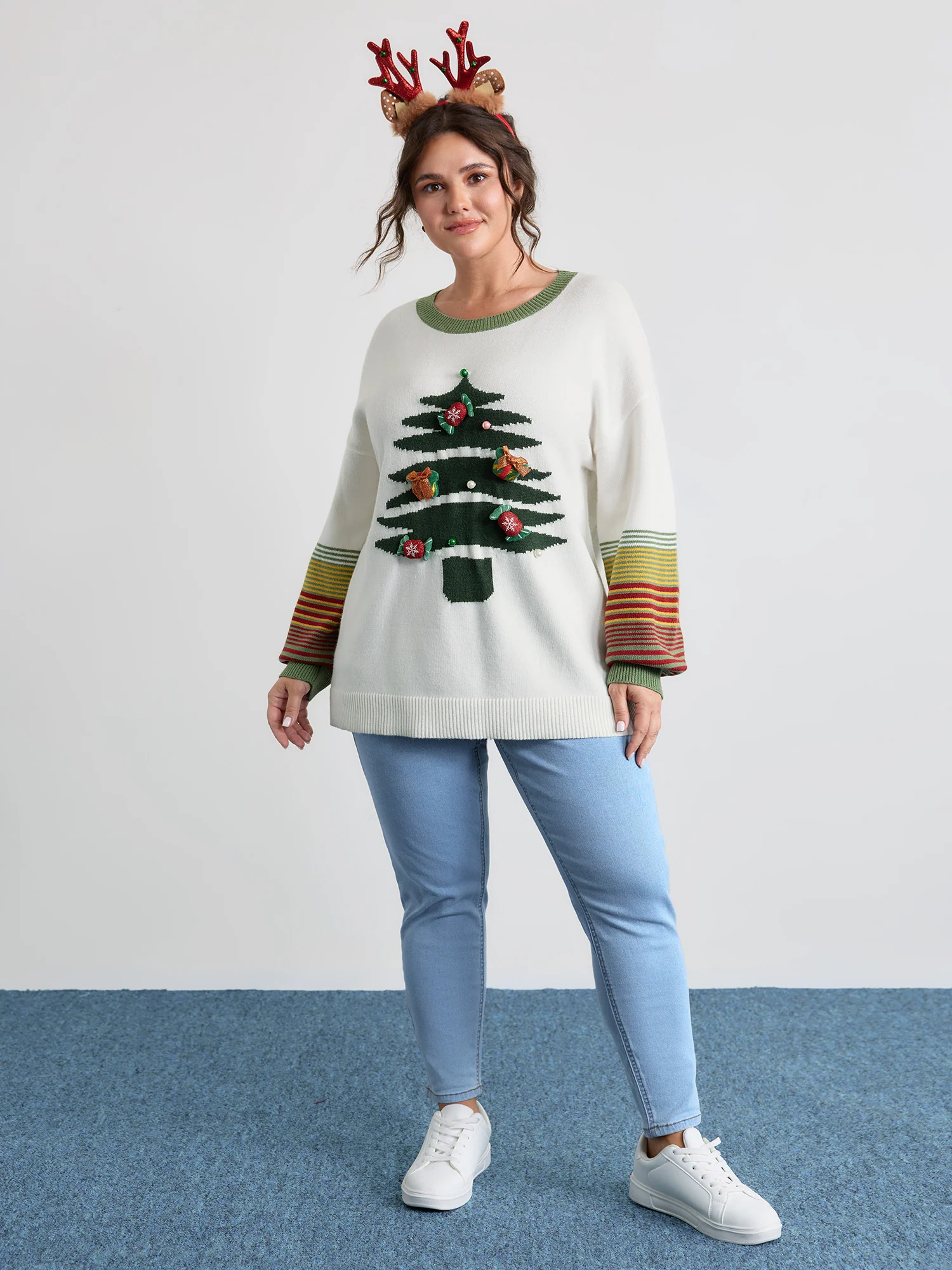 Christmas Tree Pattern Jacquard Stripe Pullover - Image 3