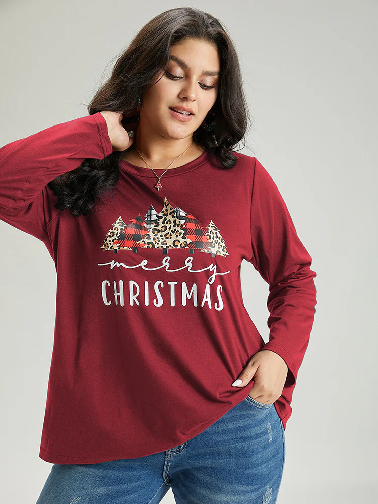 Christmas Trees Letter Print Round Neck T-shirt - Image 3