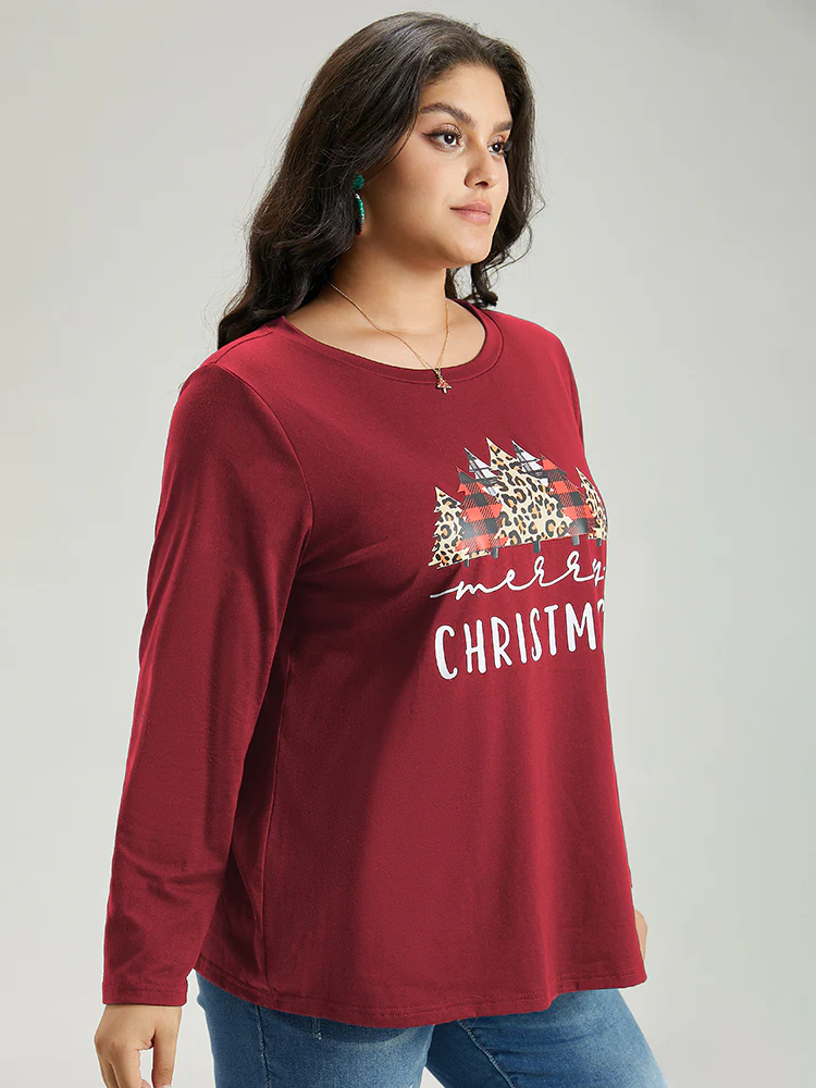 Christmas Trees Letter Print Round Neck T-shirt - Image 4