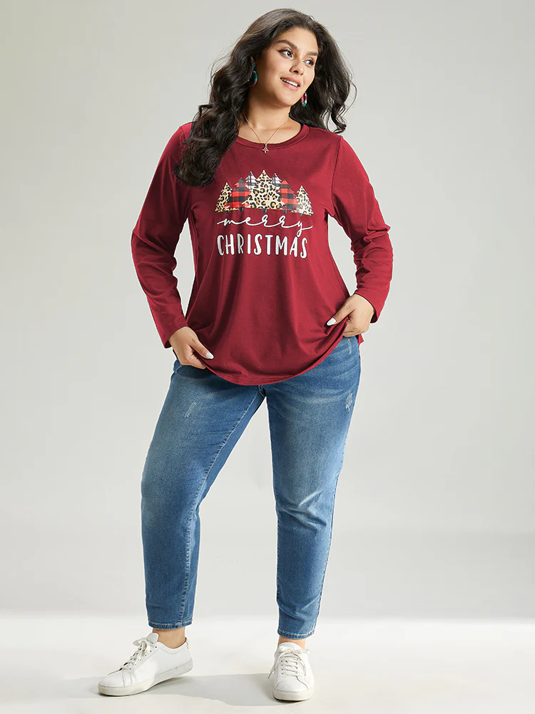 Christmas Trees Letter Print Round Neck T-shirt - Image 5