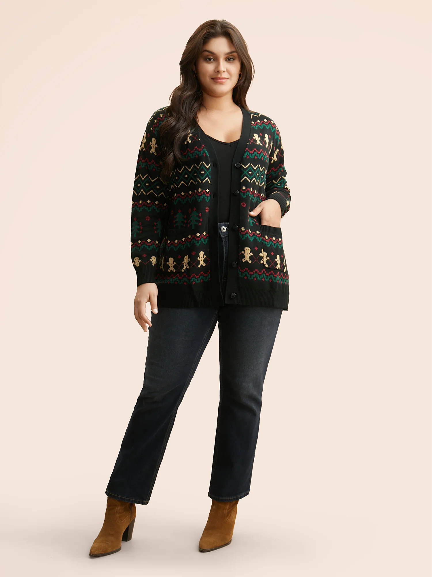 Christmas Trees & Gingerbread Man Print Pocket Cardigan - Image 3