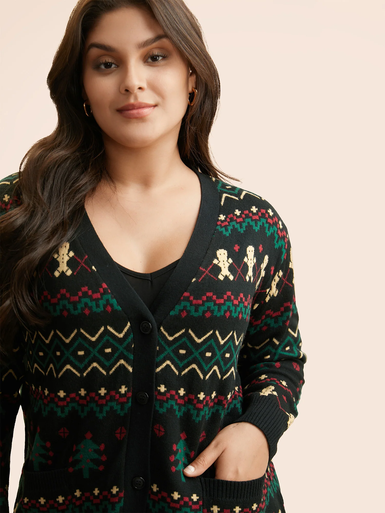 Christmas Trees & Gingerbread Man Print Pocket Cardigan - Image 4