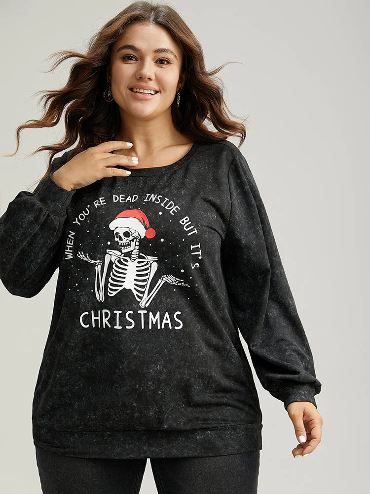 Christmas Vintage Skull Print Crew Neck Sweatshirt - Image 3