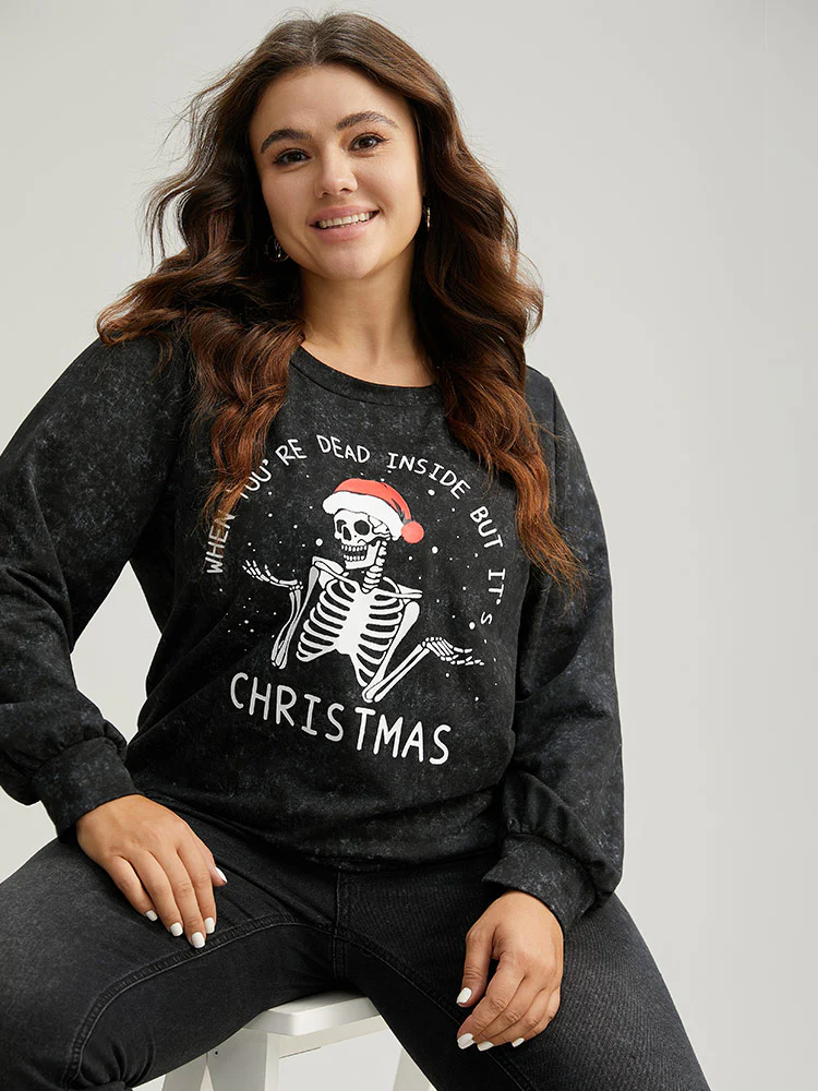 Christmas Vintage Skull Print Crew Neck Sweatshirt - Image 4