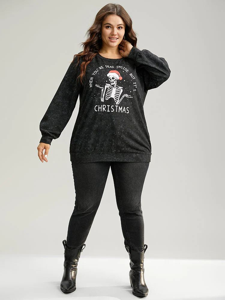 Christmas Vintage Skull Print Crew Neck Sweatshirt - Image 5