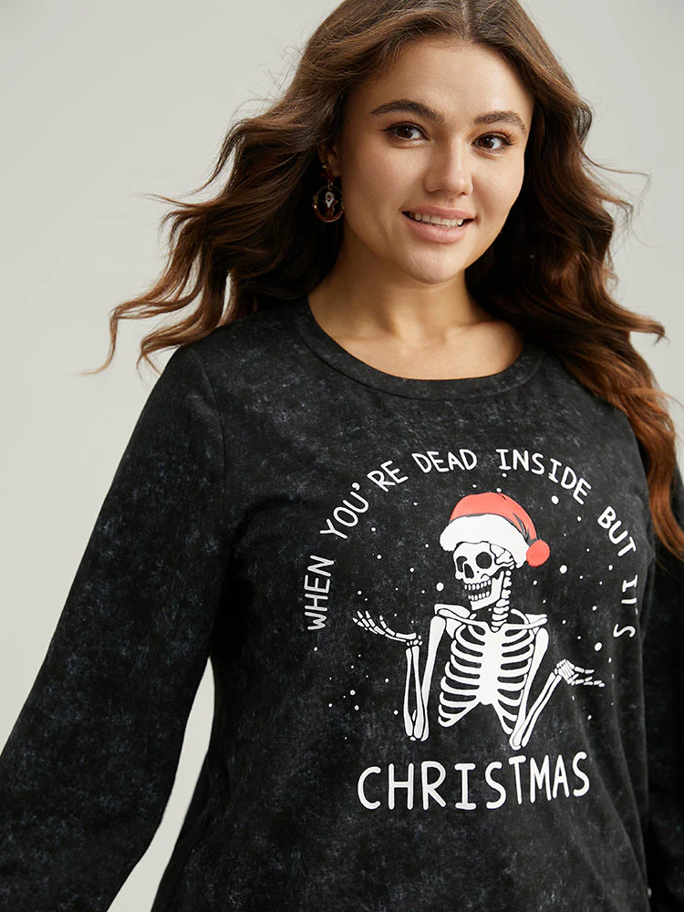 Christmas Vintage Skull Print Crew Neck Sweatshirt - Image 6