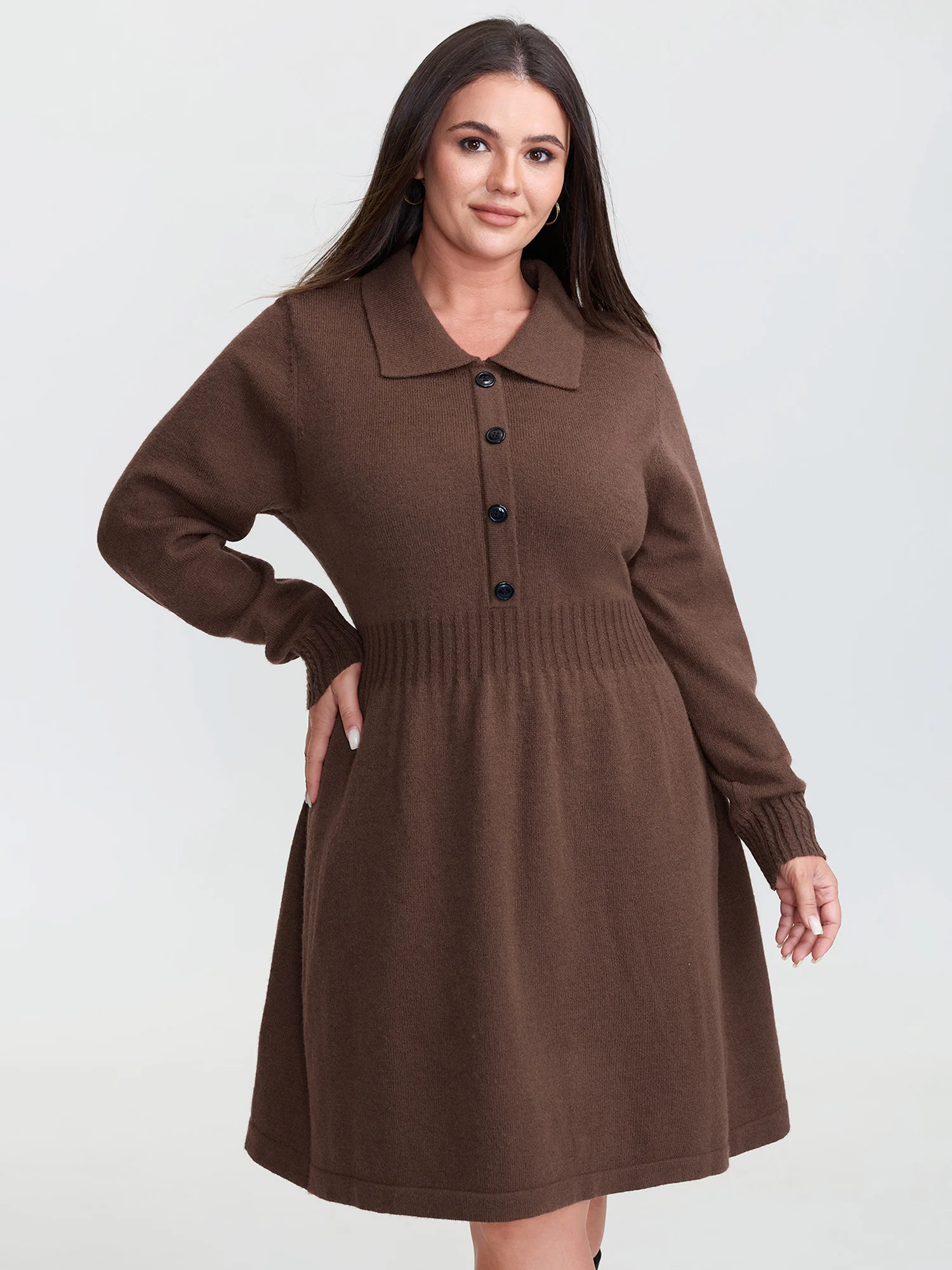 Cinched-Waist Collar Button Sweater Dress - Image 2