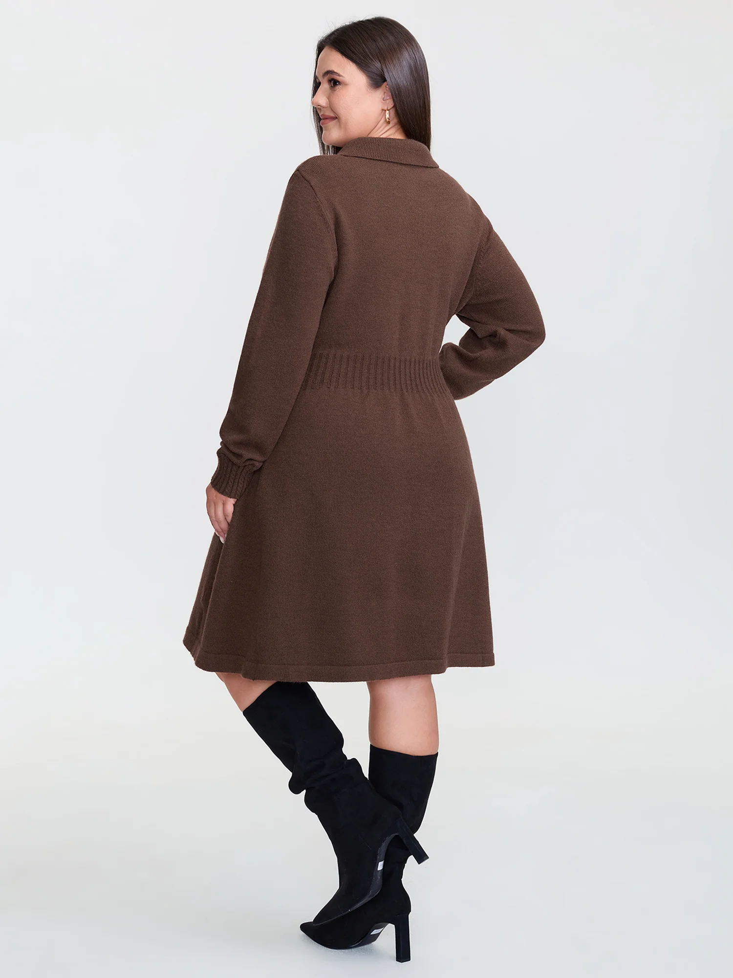 Cinched-Waist Collar Button Sweater Dress - Image 5