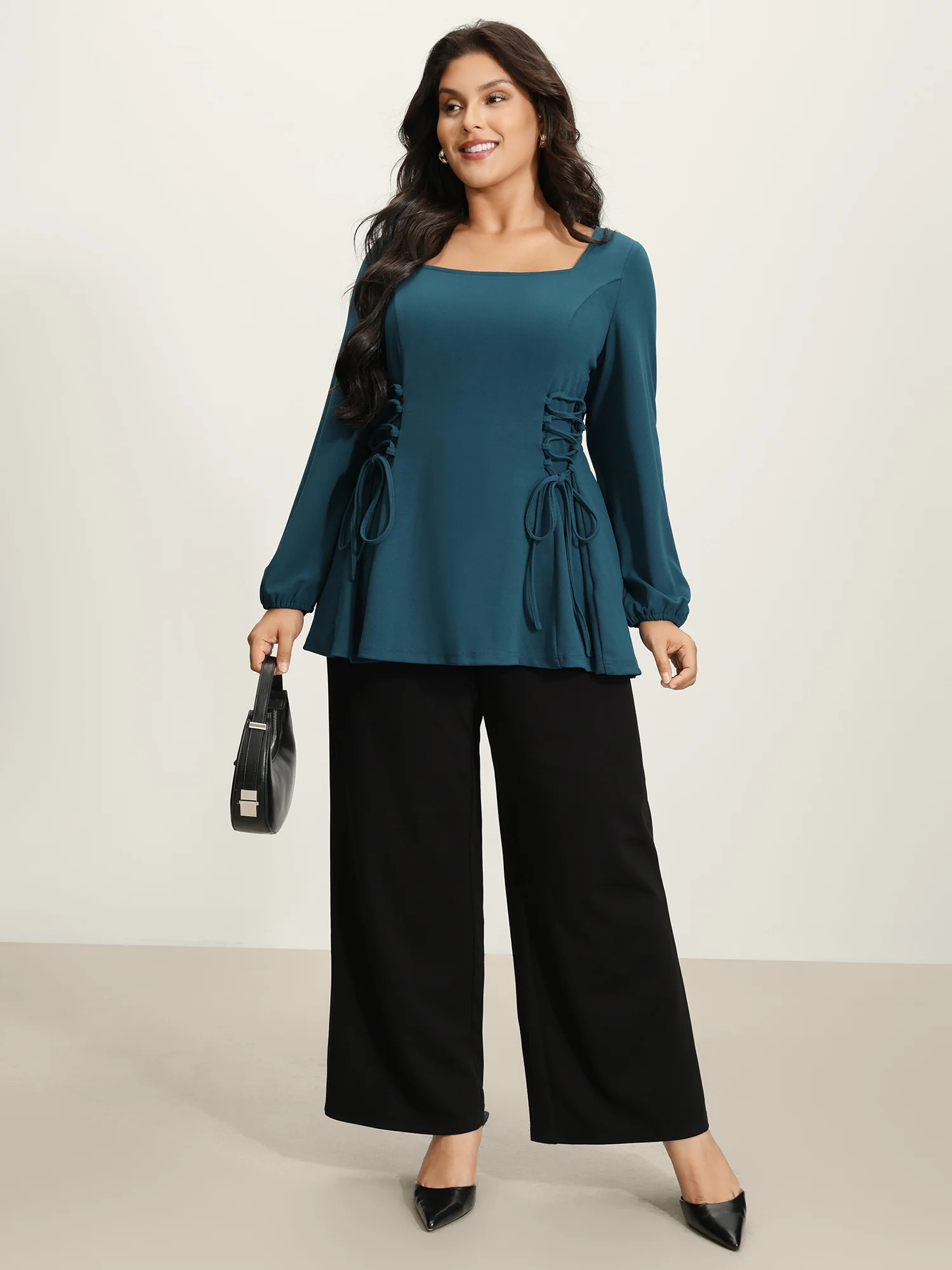 Cinched-Waist Cross-Tie Stretchy Blouse - Image 3